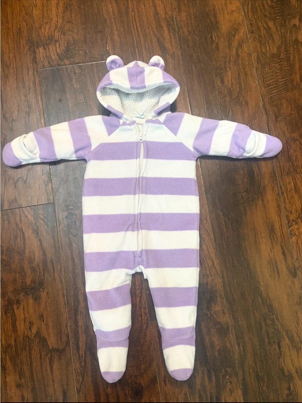 Old Navy Striped Purple and White Fleece Baby One-Piece with Hood 6-12 months